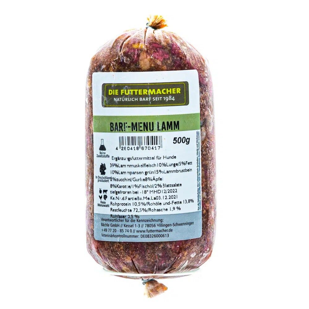 Hundefutter von "Die Futtermacher" BARF Menü Lamm in der 500 Gramm Wurst