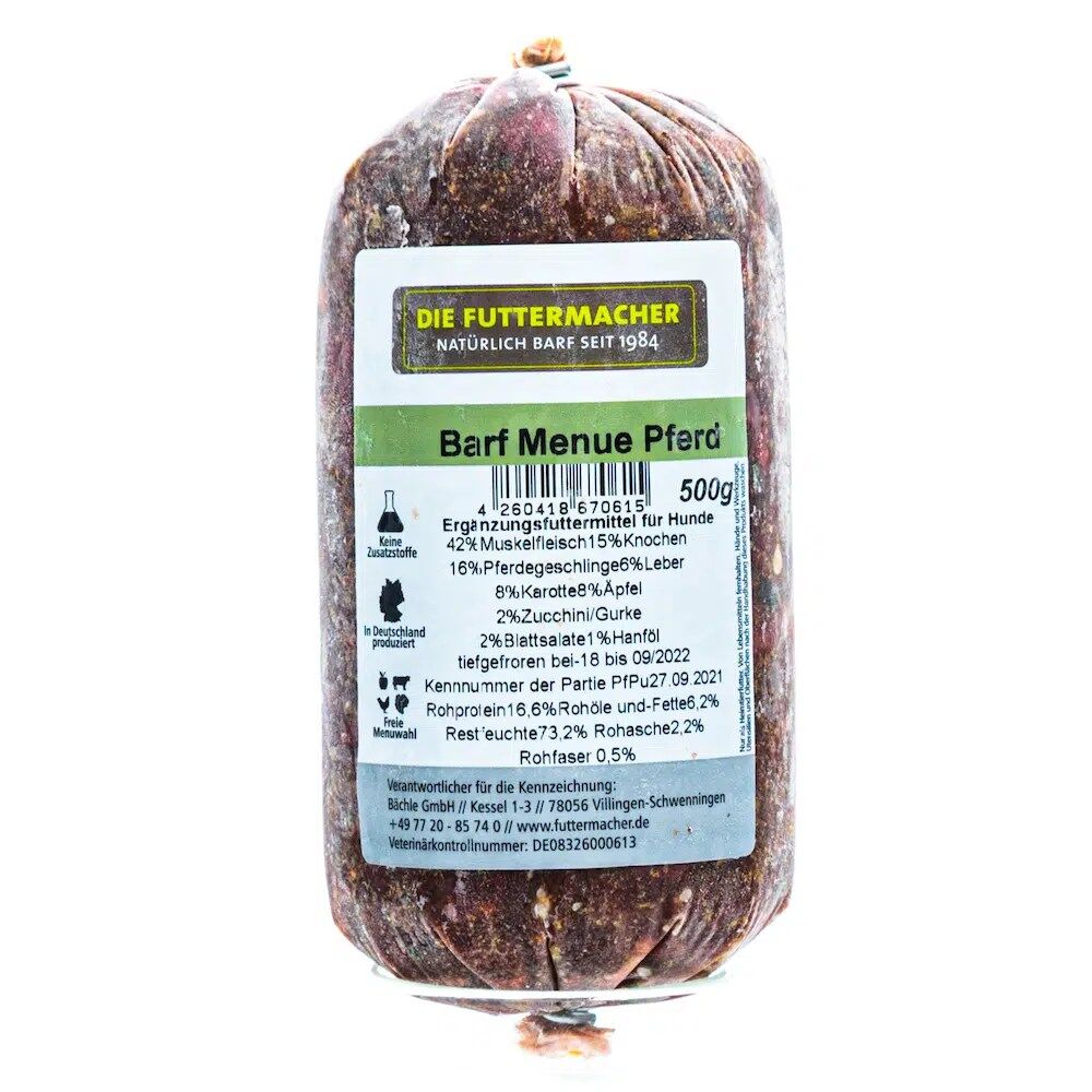 Hundefutter von "Die Futtermacher" BARF Menü Pferd gefroren in der 500 Gramm Wurst