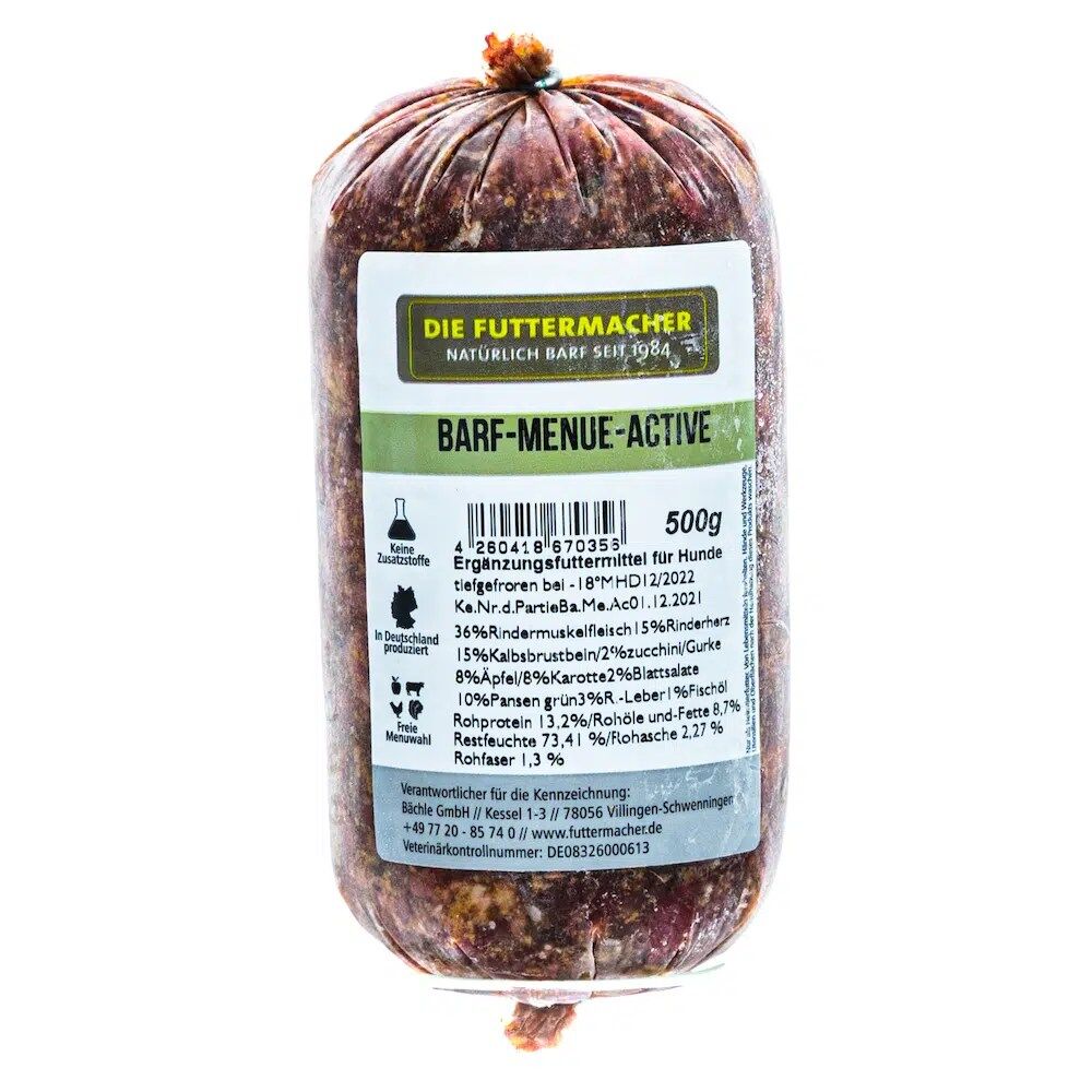 Hundefutter von "Die Futtermacher" BARF Menü Active gefroren in der 500 Gramm Wurst