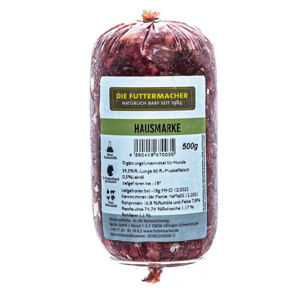 Hundefutter Hausmarke gefroren in der 500 Gramm Wurst