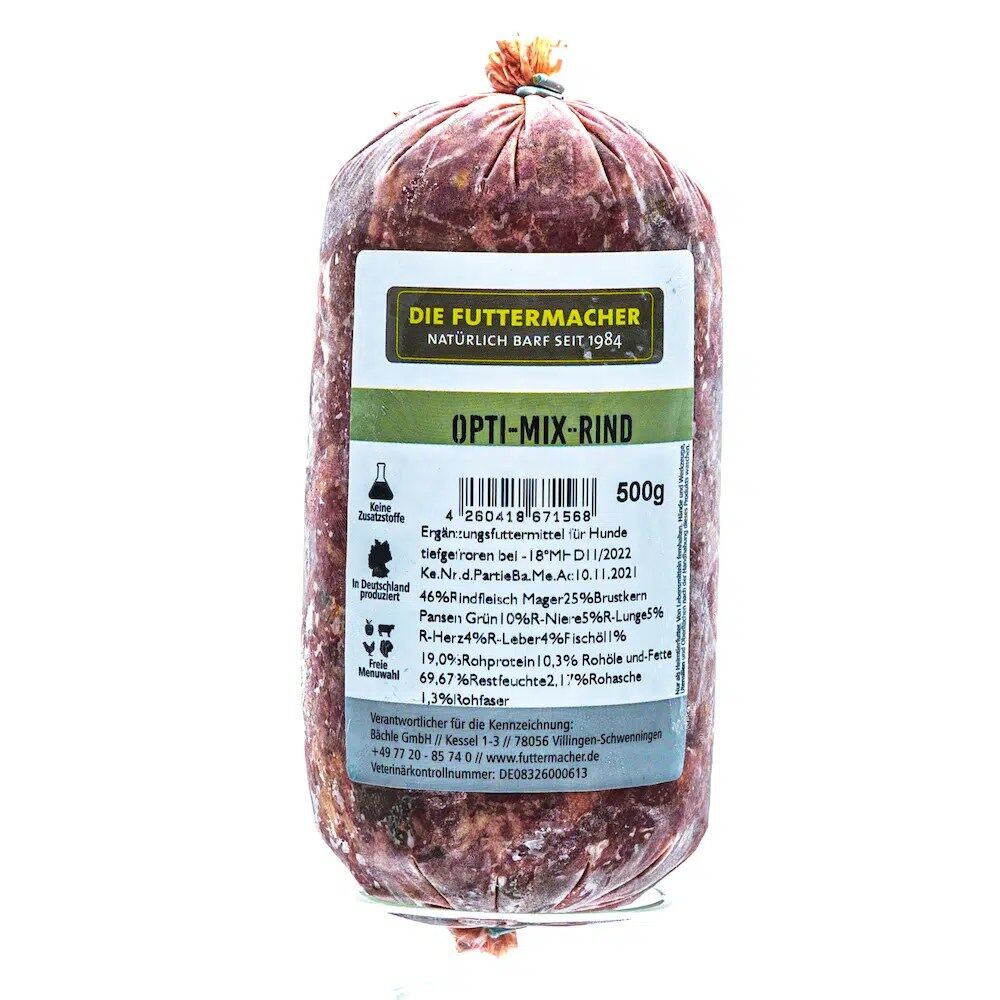 Hundefutter von "Die Futtermacher" BARF Optimix Rind in der 500 Gramm Wurst